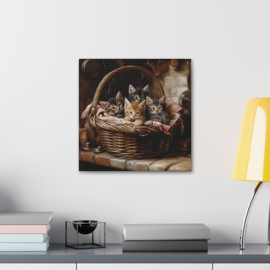 Four Kittens in Wicker Basket Farmhouse Kitchen Oil Painting Poster - Image 5