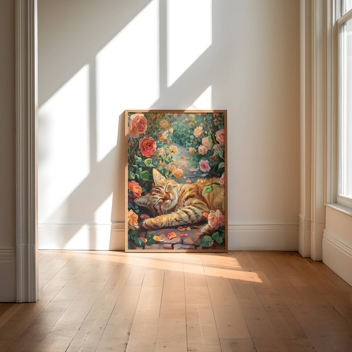 Ginger Cat in Rose Garden Poster, Floral Feline Art Print - Image 4