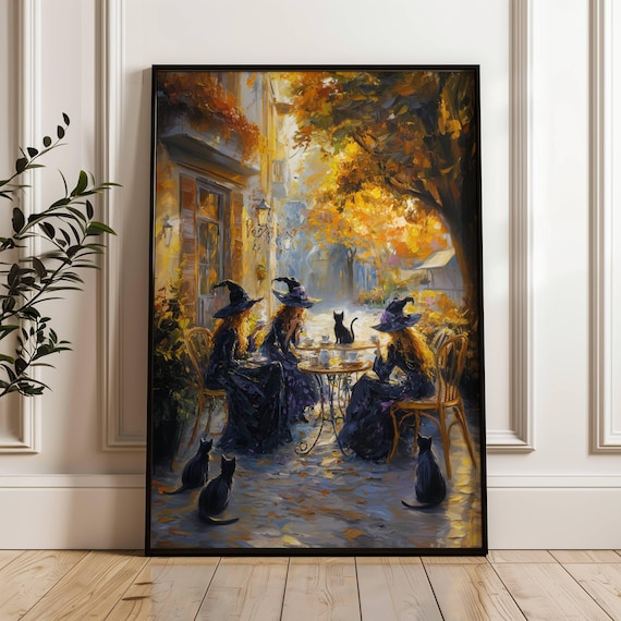 Witches Sharing Tea with Black Cats at an Autumn Street Cafe Poster