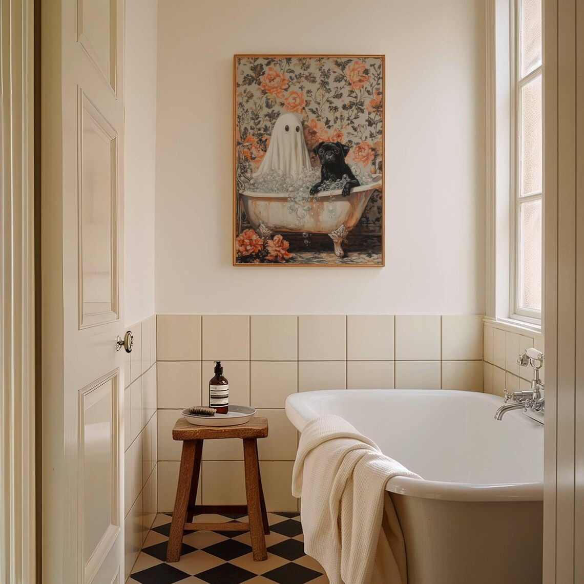 Ghost and Black Pug Bathtub Halloween Art Print - Image 2