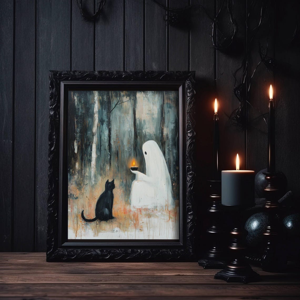 Ghost With A Lit Candle And Black Cat In A Misty Forest Poster - Image 6