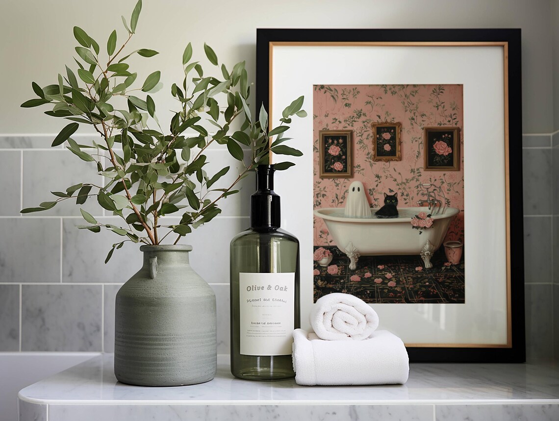 Ghost and Black Cat in a Clawfoot Tub With Pink Floral Wallpaper Poster - Image 3