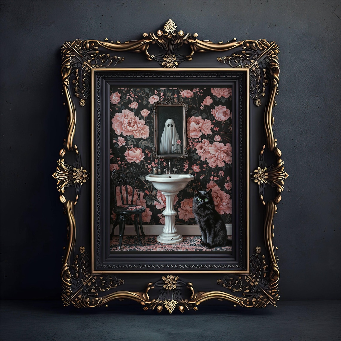 Ghost And Cat In Bathroom, Whimsigoth Halloween Poster Print