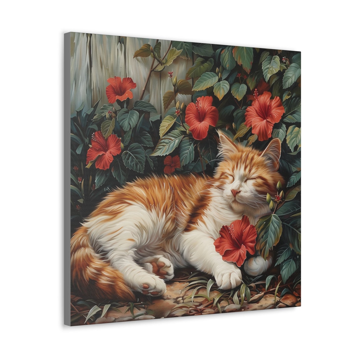 Orange and White Cat Sleeping Among Red Hibiscus Flowers Poster - Image 4