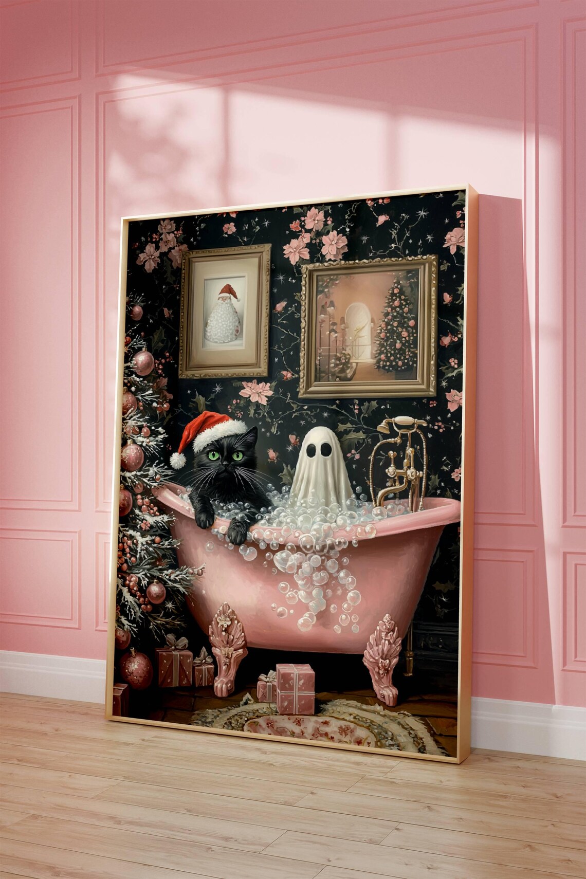 Ghost And Cat Pink Christmas Poster, Spooky Cute - Image 7