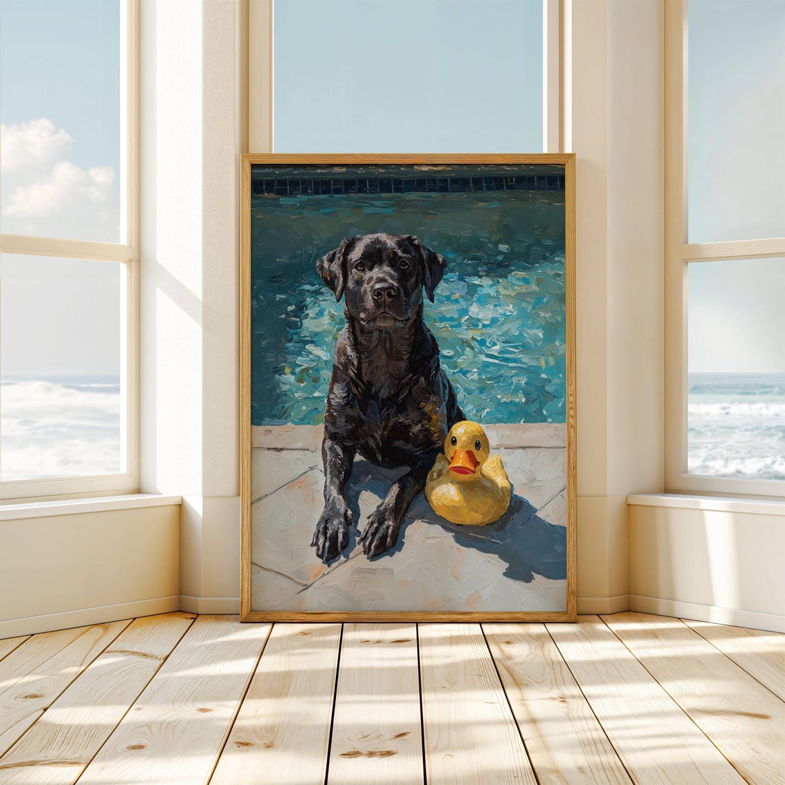 Black Labrador Pool Day Yellow Rubber Duck Summer Painting Poster