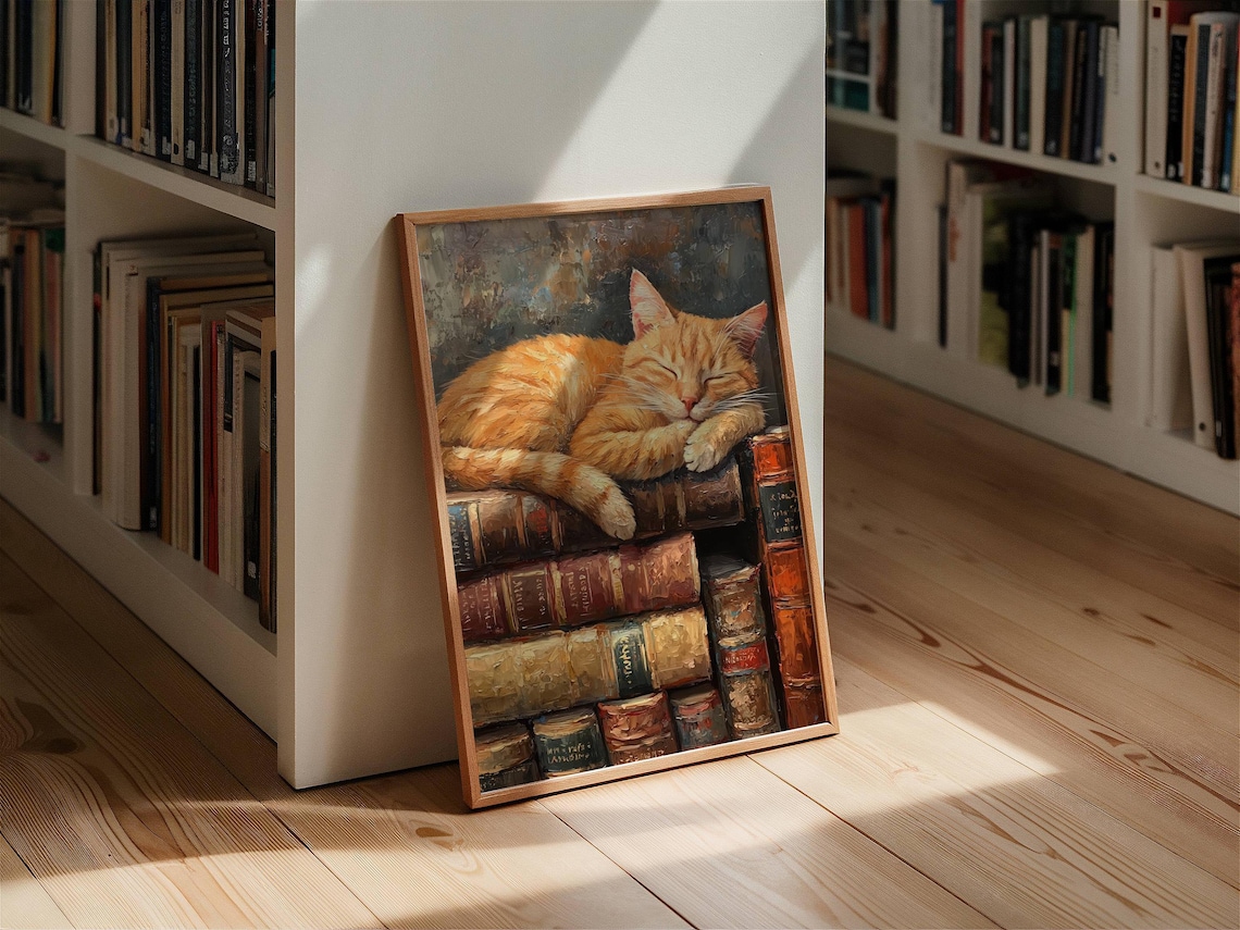 Ginger Cat Sleeping On Books, Light Academia Art Print - Image 5