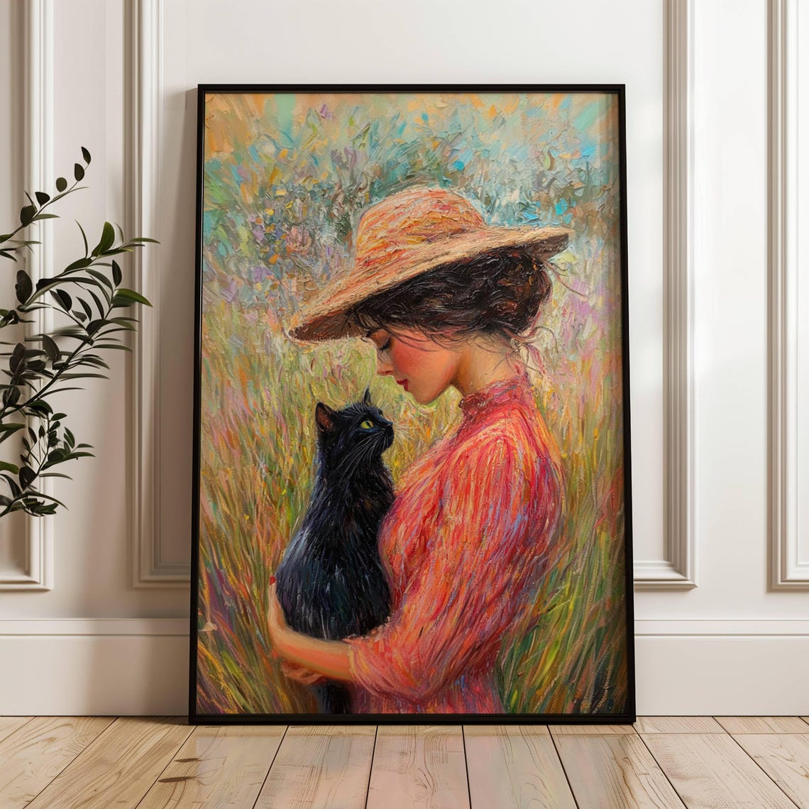 Impressionist Woman Hugging a Black Cat in a Flower Meadow Poster - Image 6