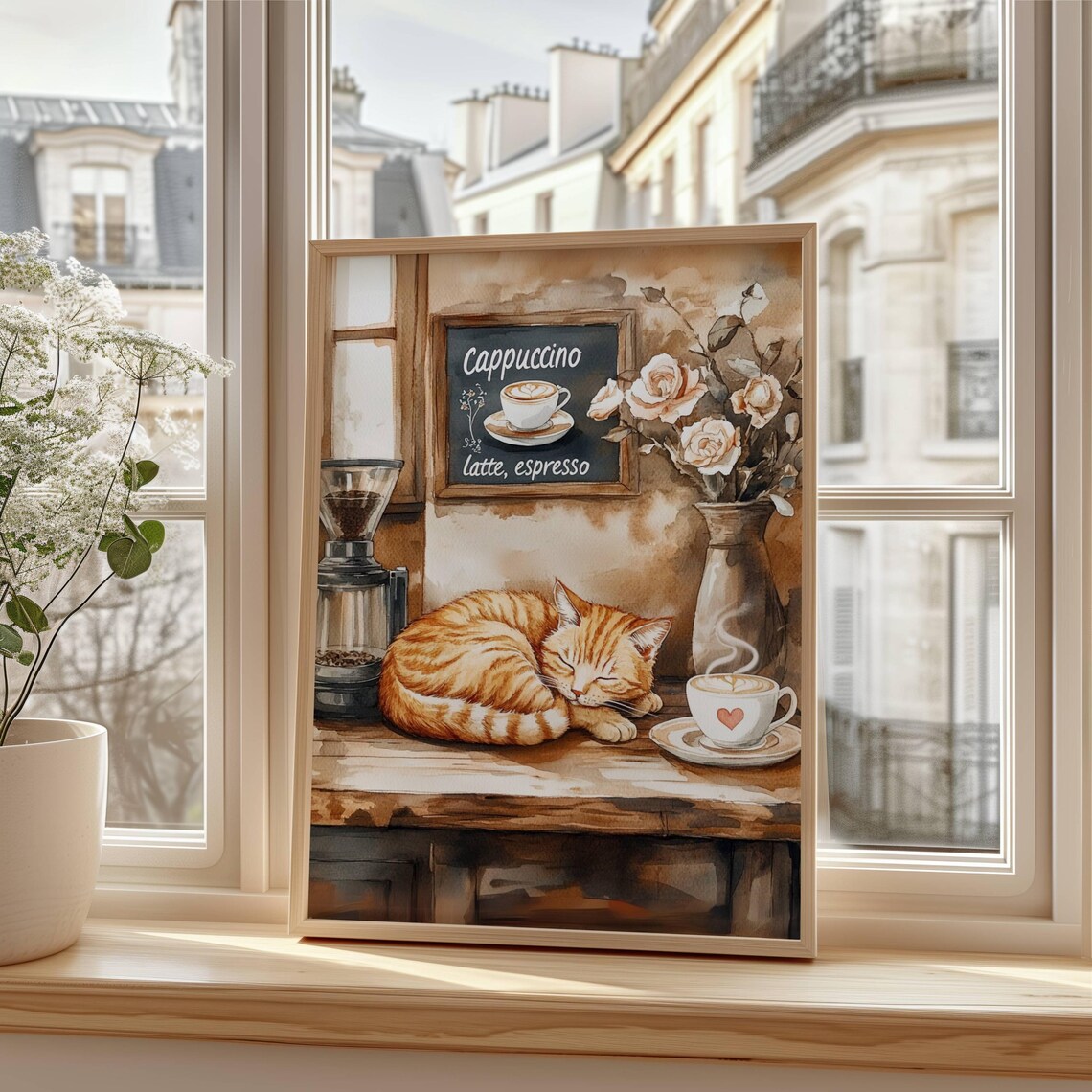 Cozy Orange Tabby Cat Napping Peacefully Beside a Heart-Topped Cappuccino Poster - Image 7