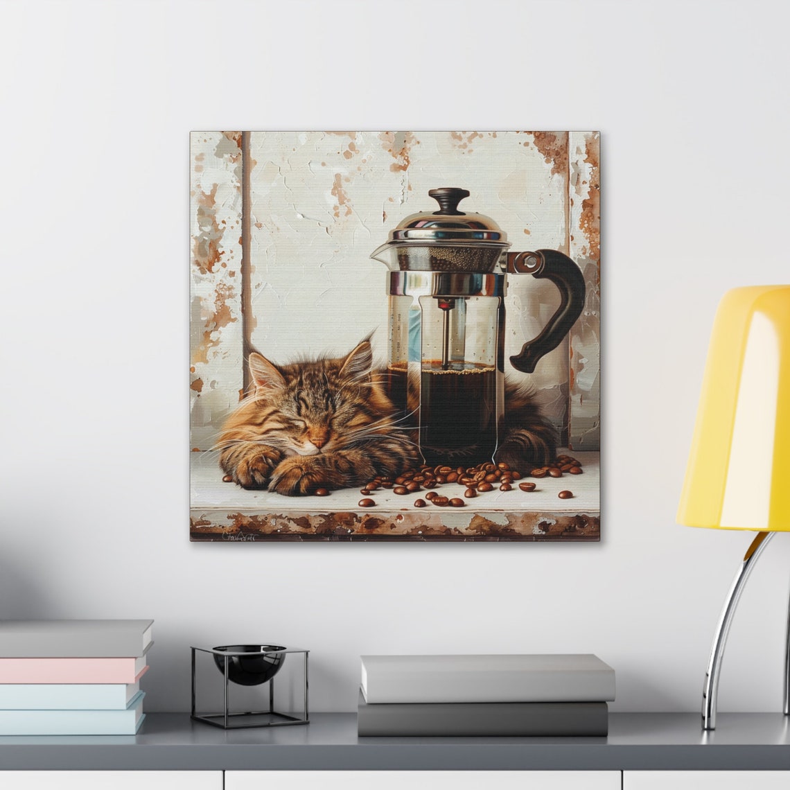 Fluffy Tabby Cat Napping by French Press Coffee Painting Poster - Image 3