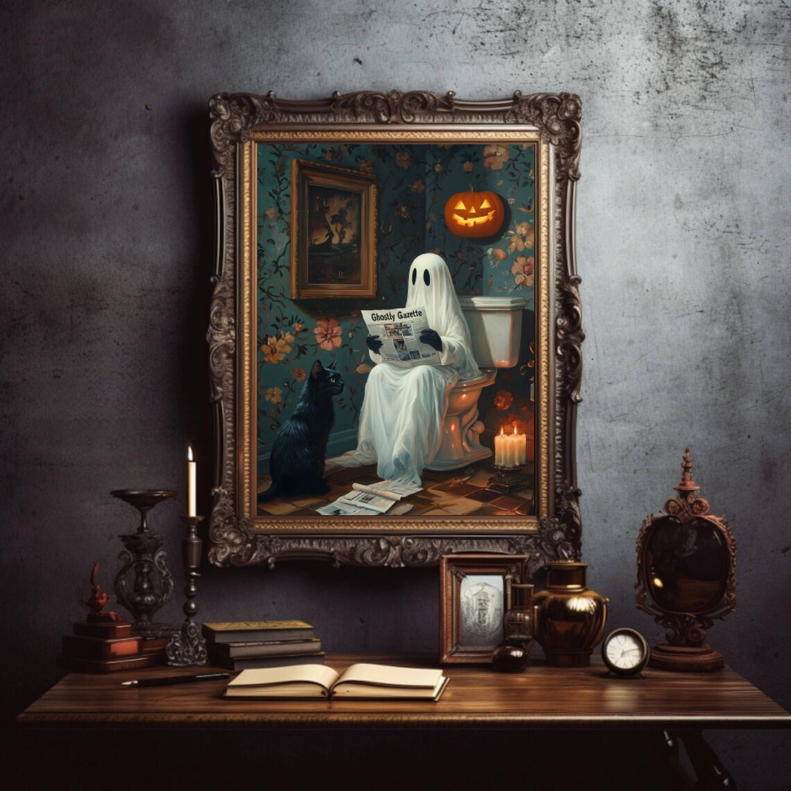 Ghost And Black Cat Bathroom Poster, Halloween Humor - Image 2
