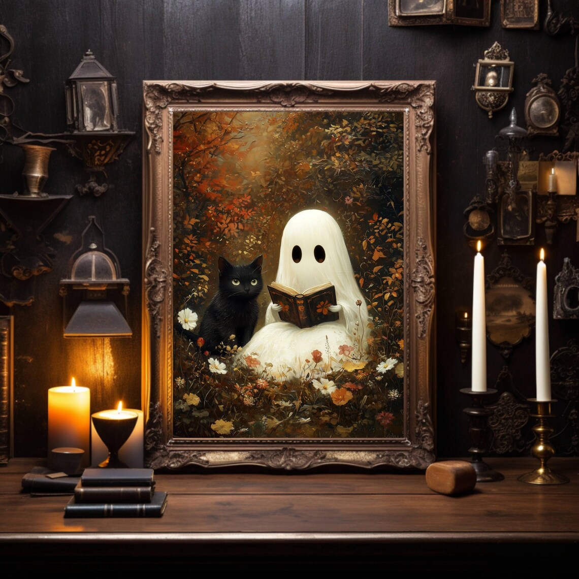 Cute Ghost Reading With Black Cat, Whimsigoth Poster - Image 2