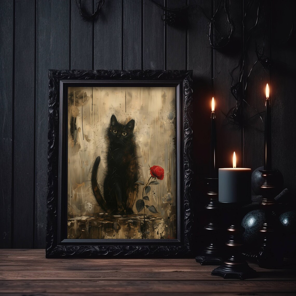 Black Cat Beside A Single Red Rose Dark Gothic Oil Style Poster - Image 5