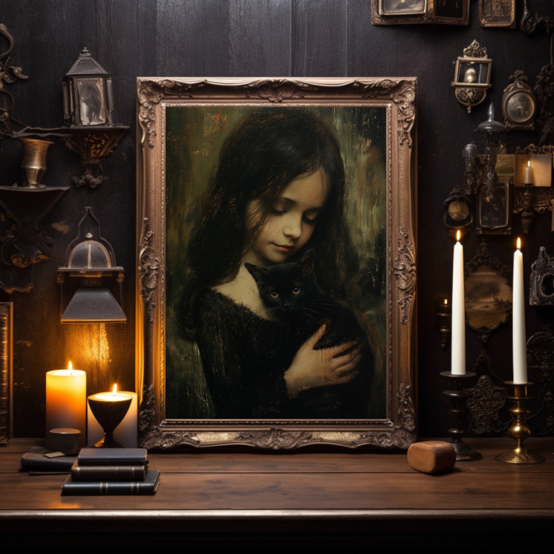 Girl Embracing A Black Cat Against Her Cheek Moody Art Poster - Image 4