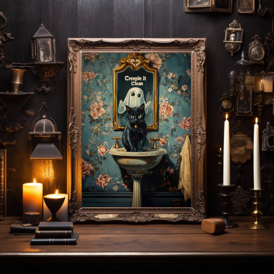 Creepin It Clean Ghost and Black Cat in a Floral Bathroom Poster - Image 5