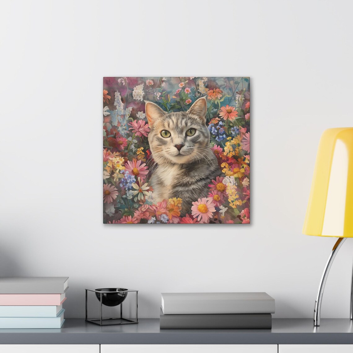 Silver Tabby Cat With Green Eyes Emerging From Colorful Wildflower Blooms Poster - Image 5