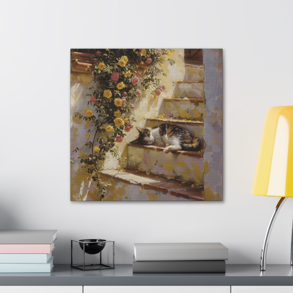 Calico Cat Napping on Sunlit Steps Under Climbing Roses Poster - Image 3