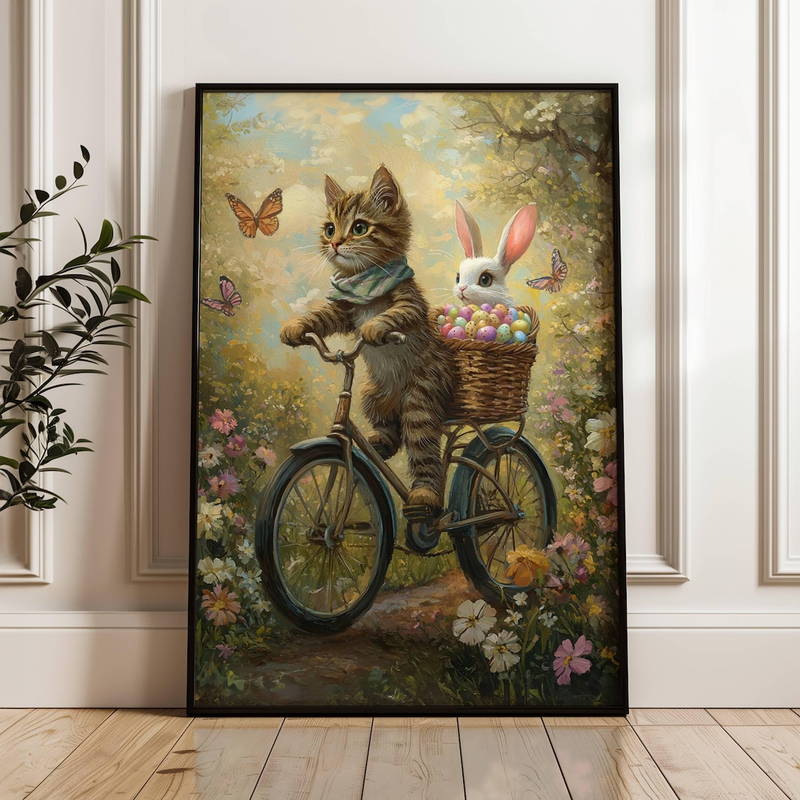 Tabby Cat and Bunny Easter Bike Ride, Floral Poster - Image 5