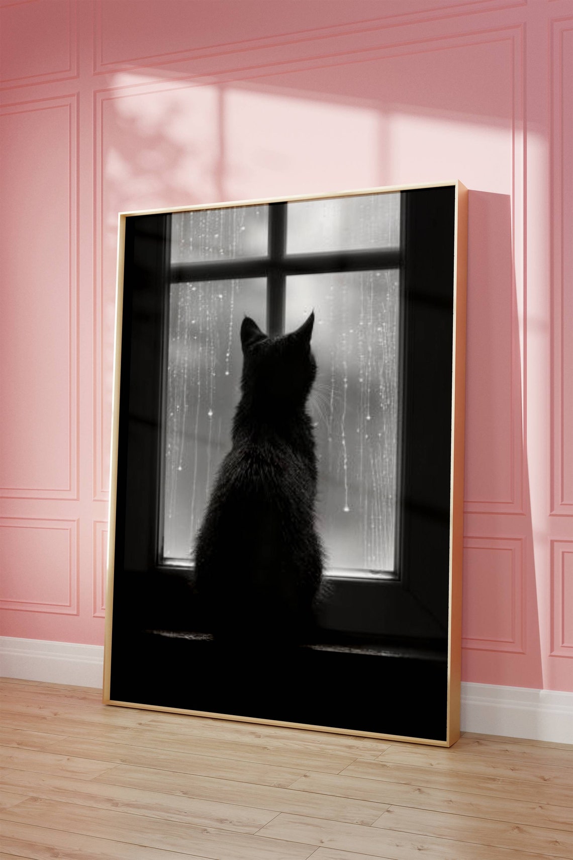 Black Cat Silhouette Watching Rain on a Window Monochrome Poster - Image 5