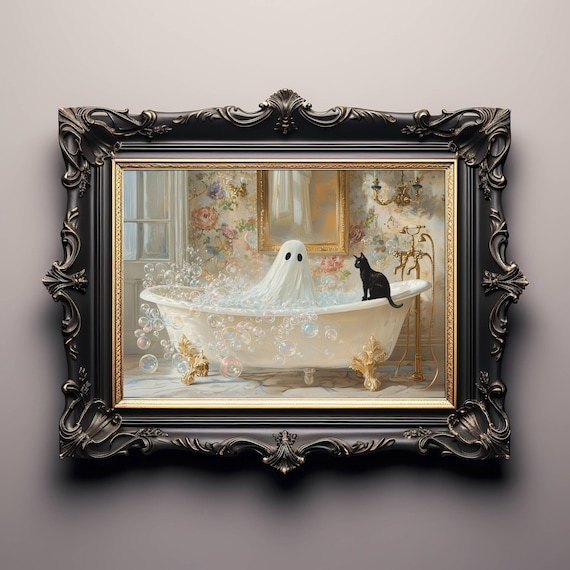 Ghost And Cat In Bathtub Spooky Cute Halloween Poster