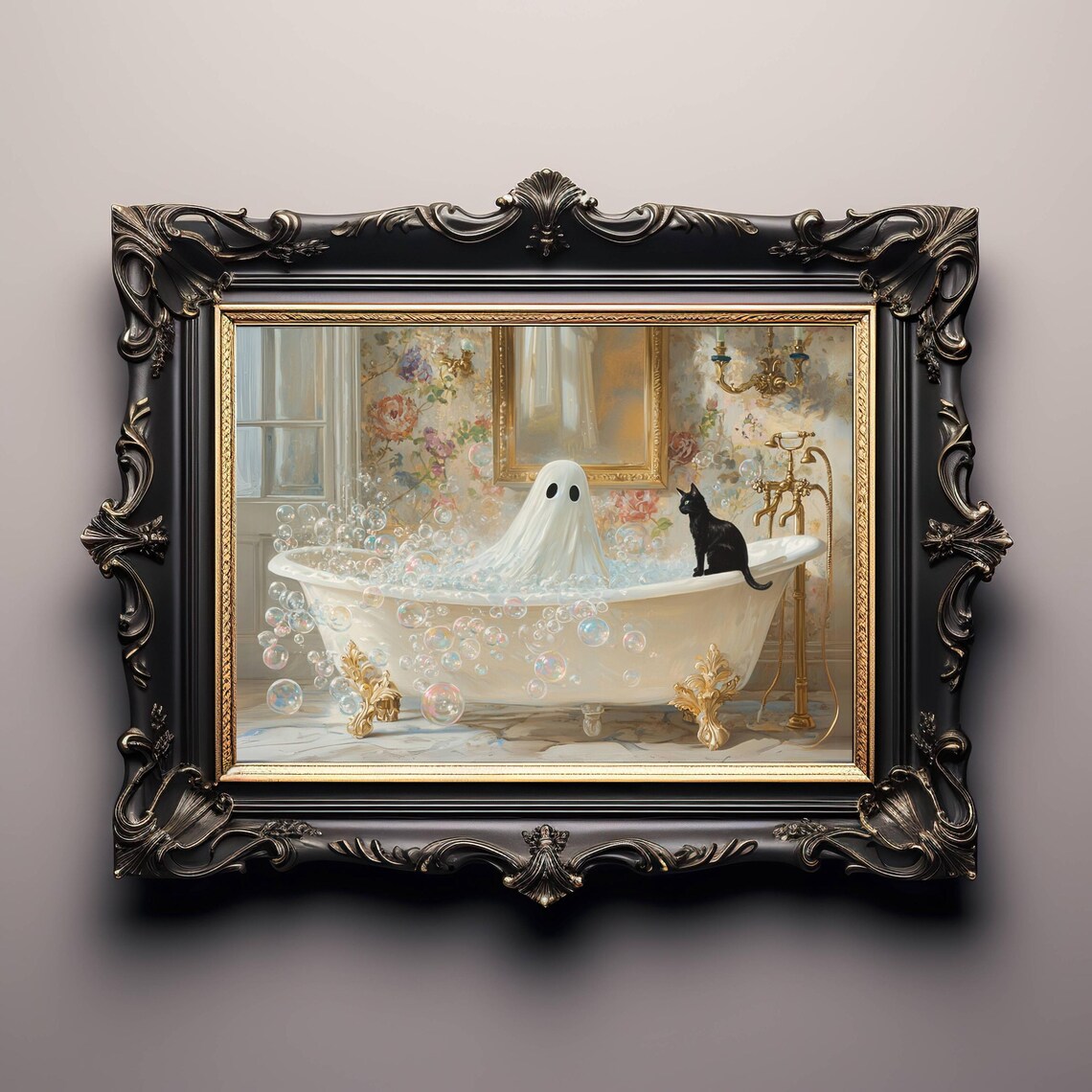 Ghost And Cat In Bathtub Spooky Cute Halloween Poster