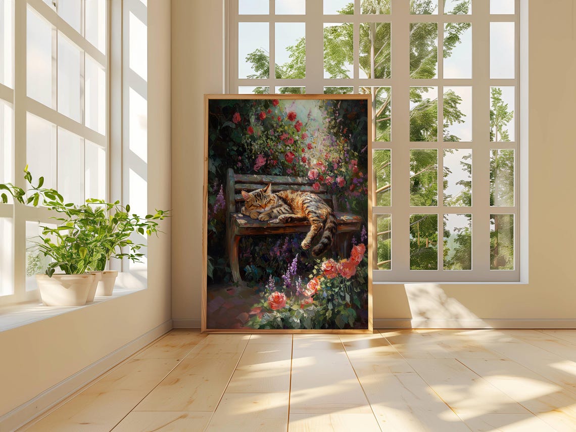 Sleeping Tabby Cat on a Garden Bench Among Roses and Lavender Poster - Image 3