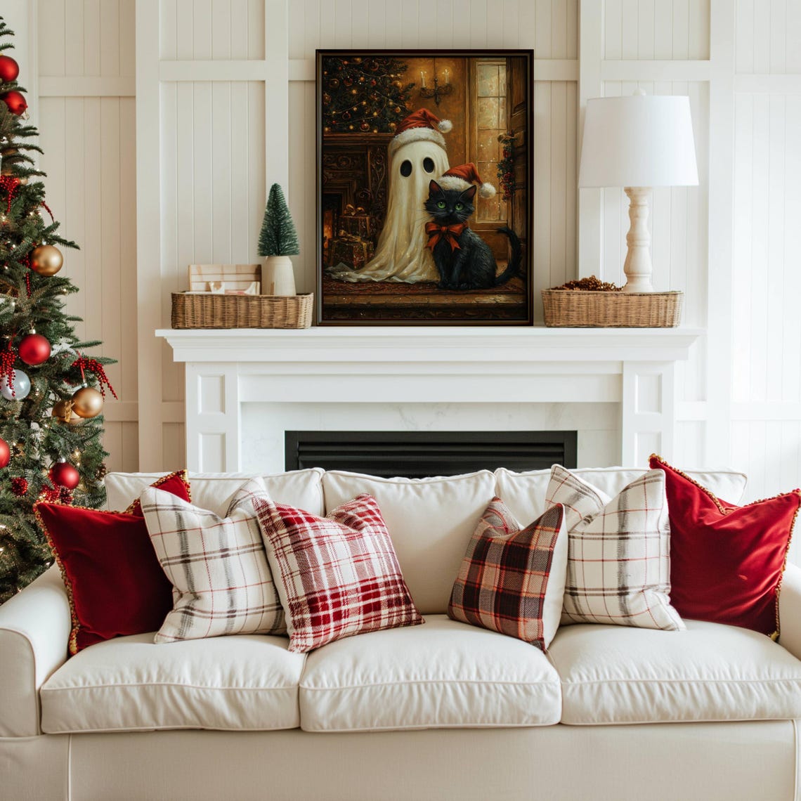 Cute Ghost and Black Cat in Santa Hats by a Fireplace Poster - Image 3