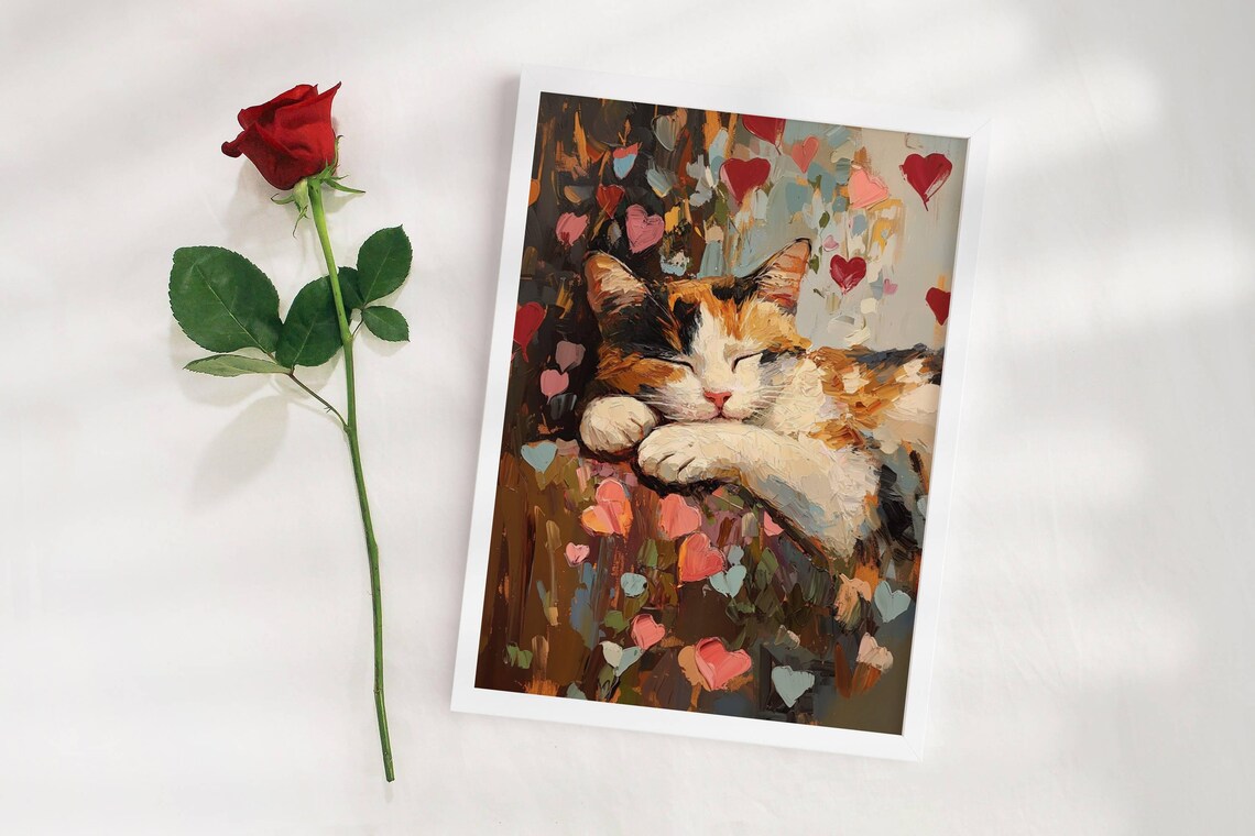 Calico Cat Valentine Print, Rustic Farmhouse Cat - Image 4