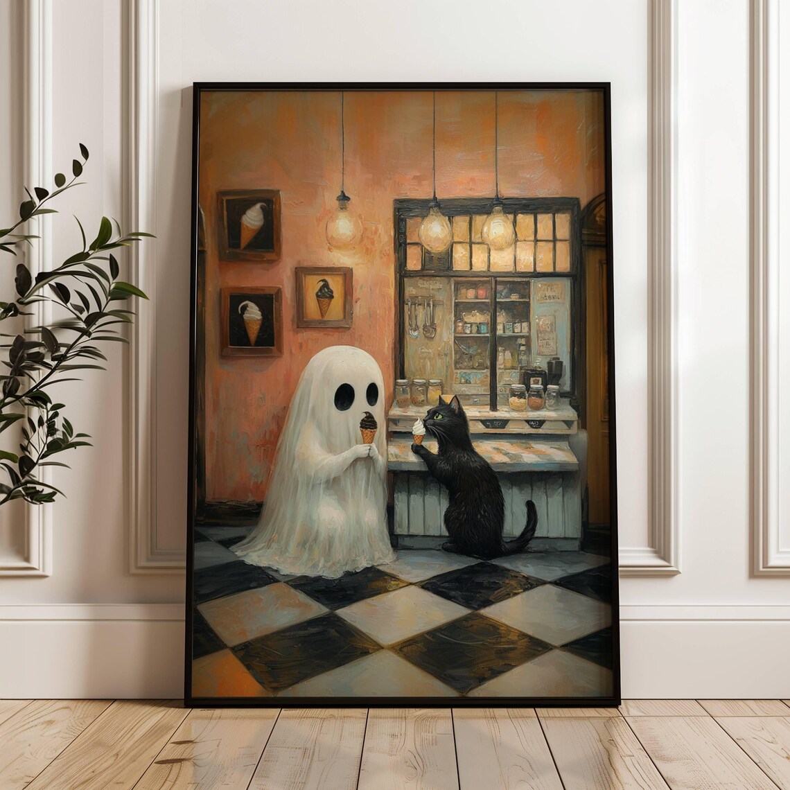 Ghost and Black Cat Sharing Ice Cream in an Old Fashioned Parlor Poster - Image 5