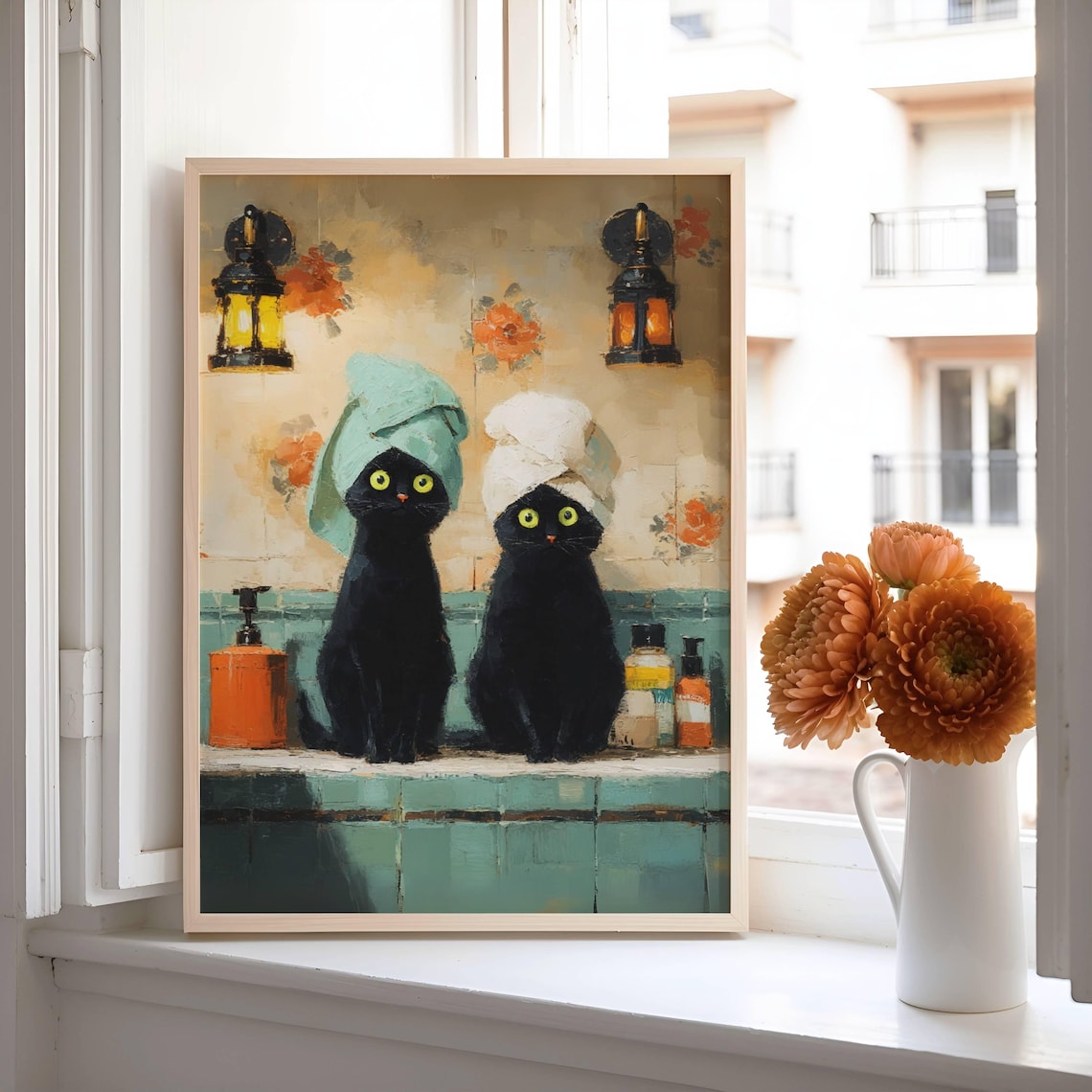 Black Cats in Bathroom Funny Cat Wall Art Print