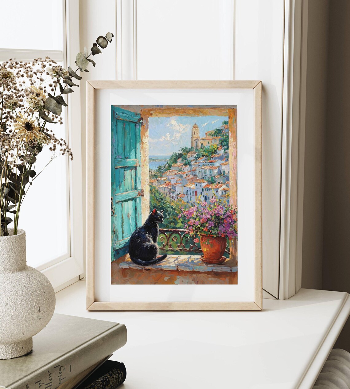 Black Cat on a Balcony Overlooking a Coastal Village Teal Window Poster - Image 3