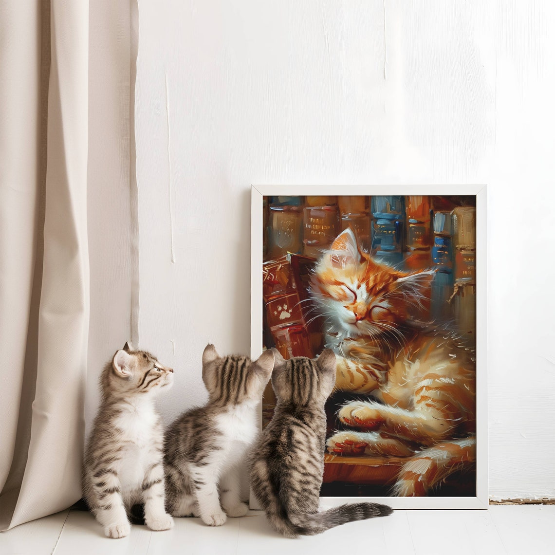 Ginger Kitten Sleeping Among Library Books Oil Painting Poster - Image 3