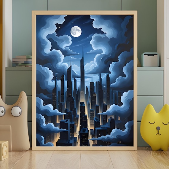 Moonlit City Skyline Poster Blue Night Cloudy Towers Dramatic Artwork