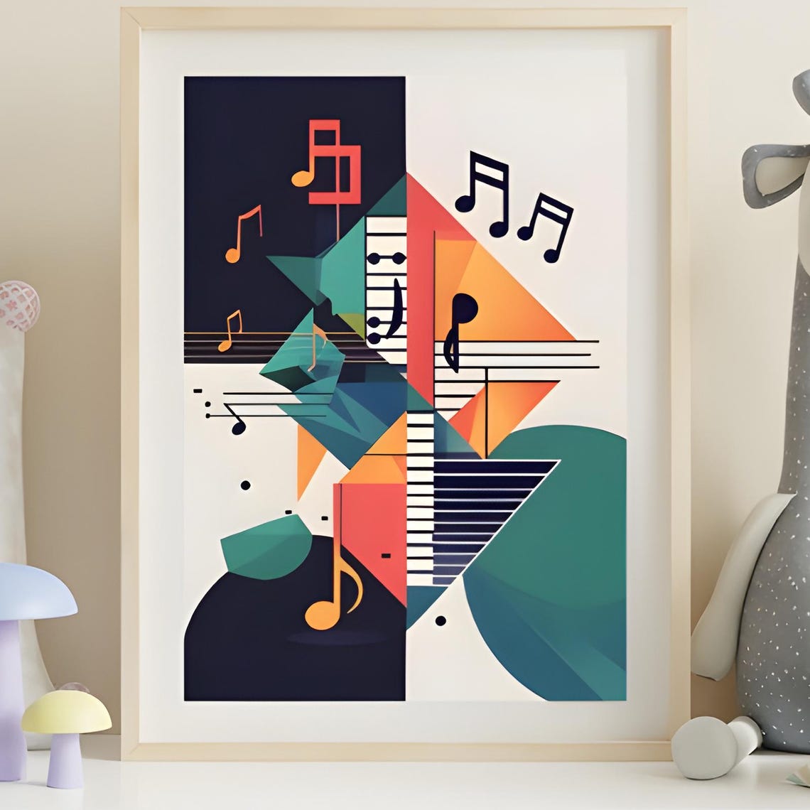 Navy Teal Geometric Music Notes Poster in Colourful Midcentury Style