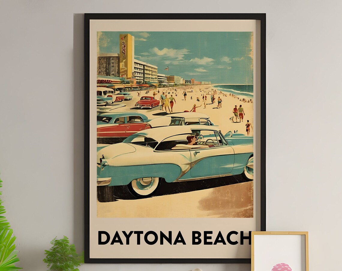 Daytona Beach Florida Vintage Retro Travel Beach Scene Poster