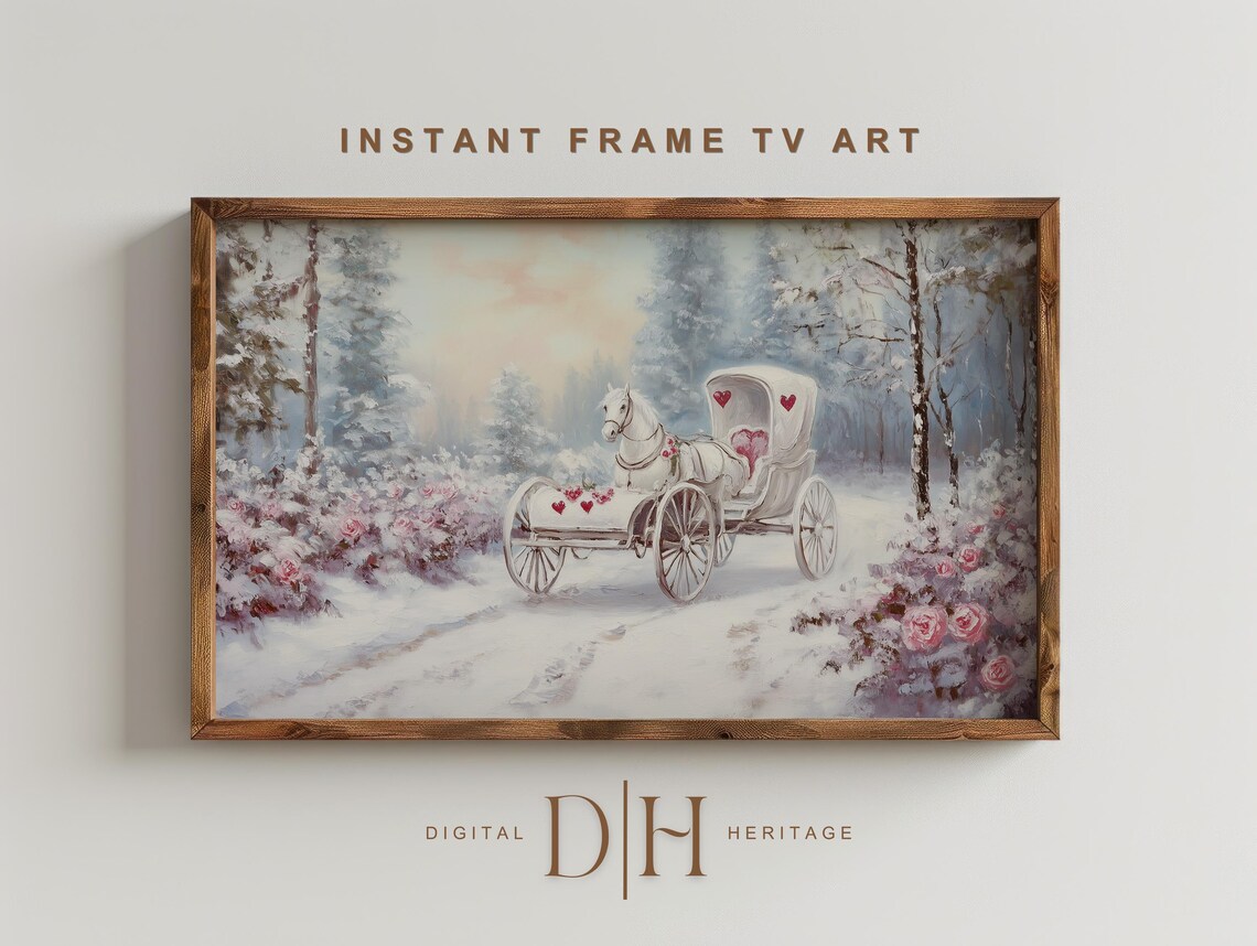 Horse And Carriage Valentines Frame Tv Art Neutral Vintage Winter Botanical Oil Painting Farmhouse Decor Tv Art