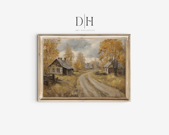 Old Village Art Painting Antique Authentic Town Scenery Artwork Farmhouse Wall Art Fall Oil Painting