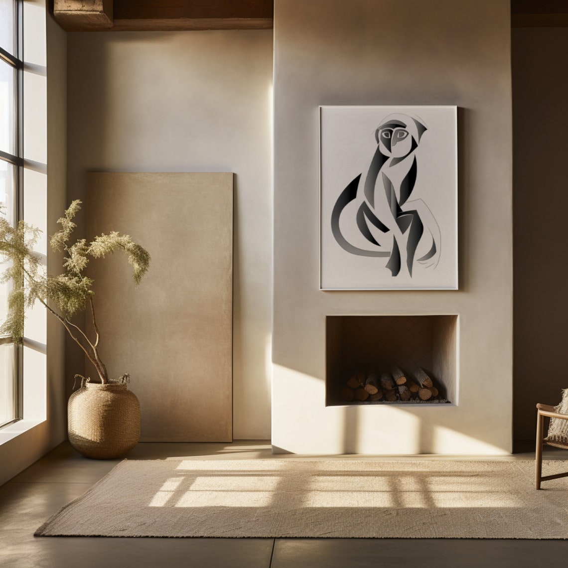 Abstract Monkey Geometric Line Art Modern Black White Wall Poster - Image 2