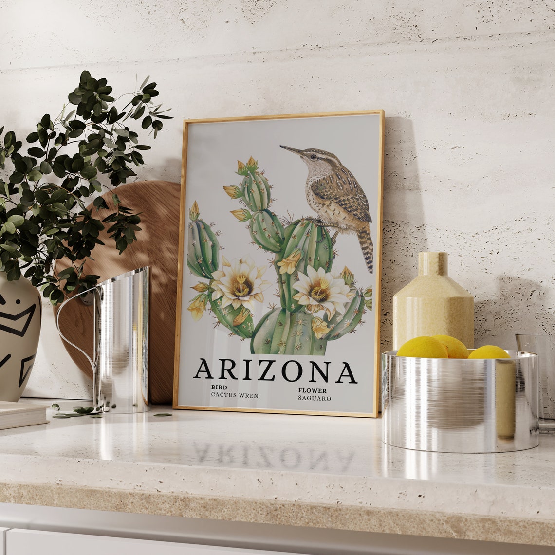 Arizona Cactus Wren Saguaro Bird and Flower Botanical Art Print - Image 2