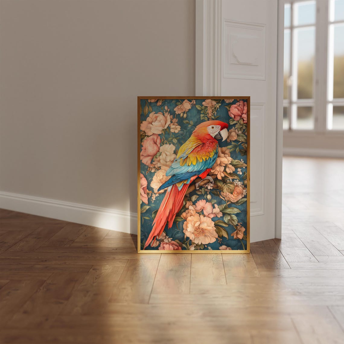Scarlet Macaw Parrot Perched Among Pink Roses Teal Floral Art Poster - Image 2