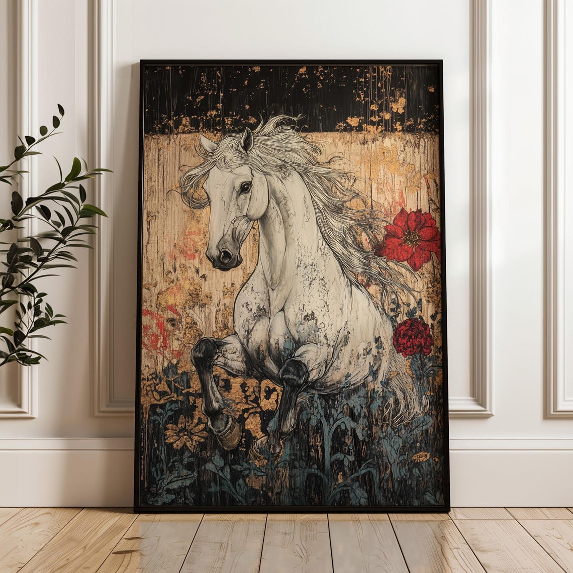 White Horse Rearing Aged Gold Black Ground Red Flowers Vintage Poster