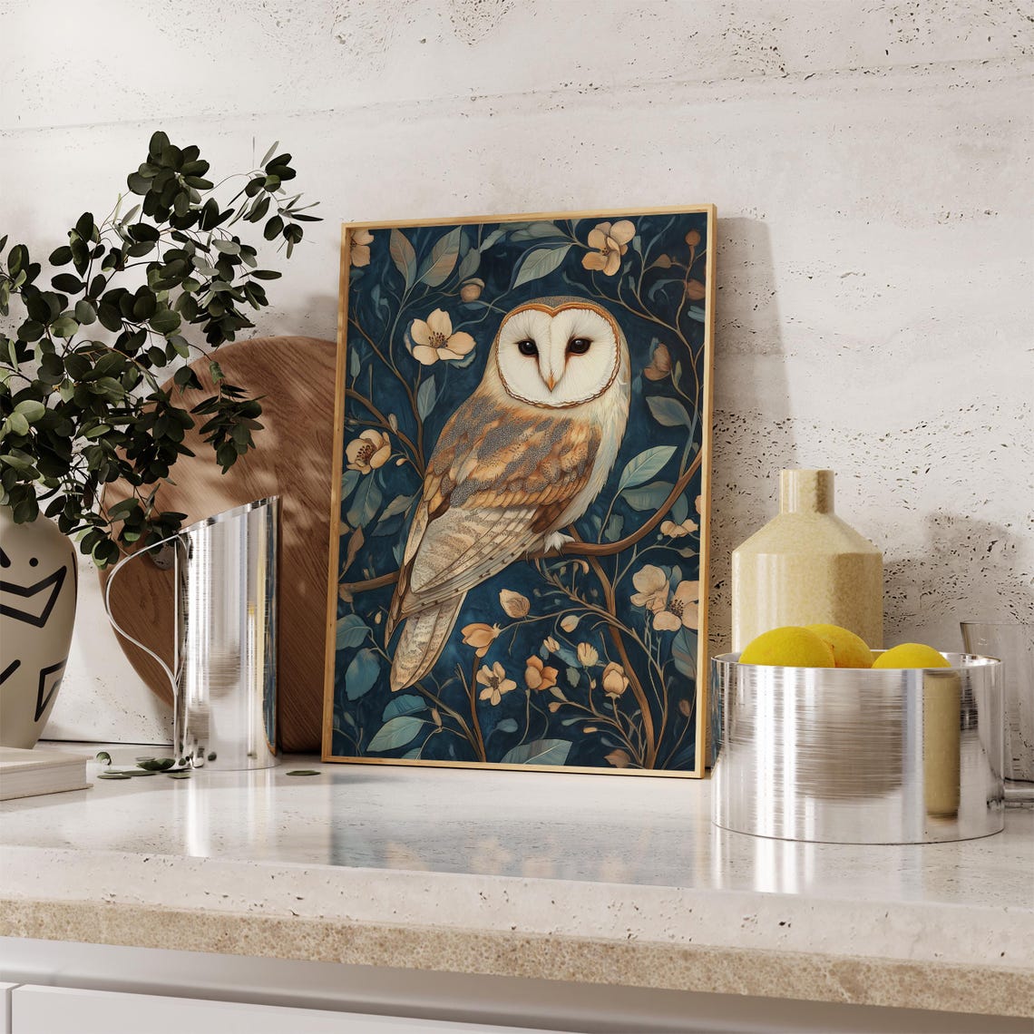 Barn Owl Perched On Branch Golden Blossoms Deep Teal Art Poster - Image 2