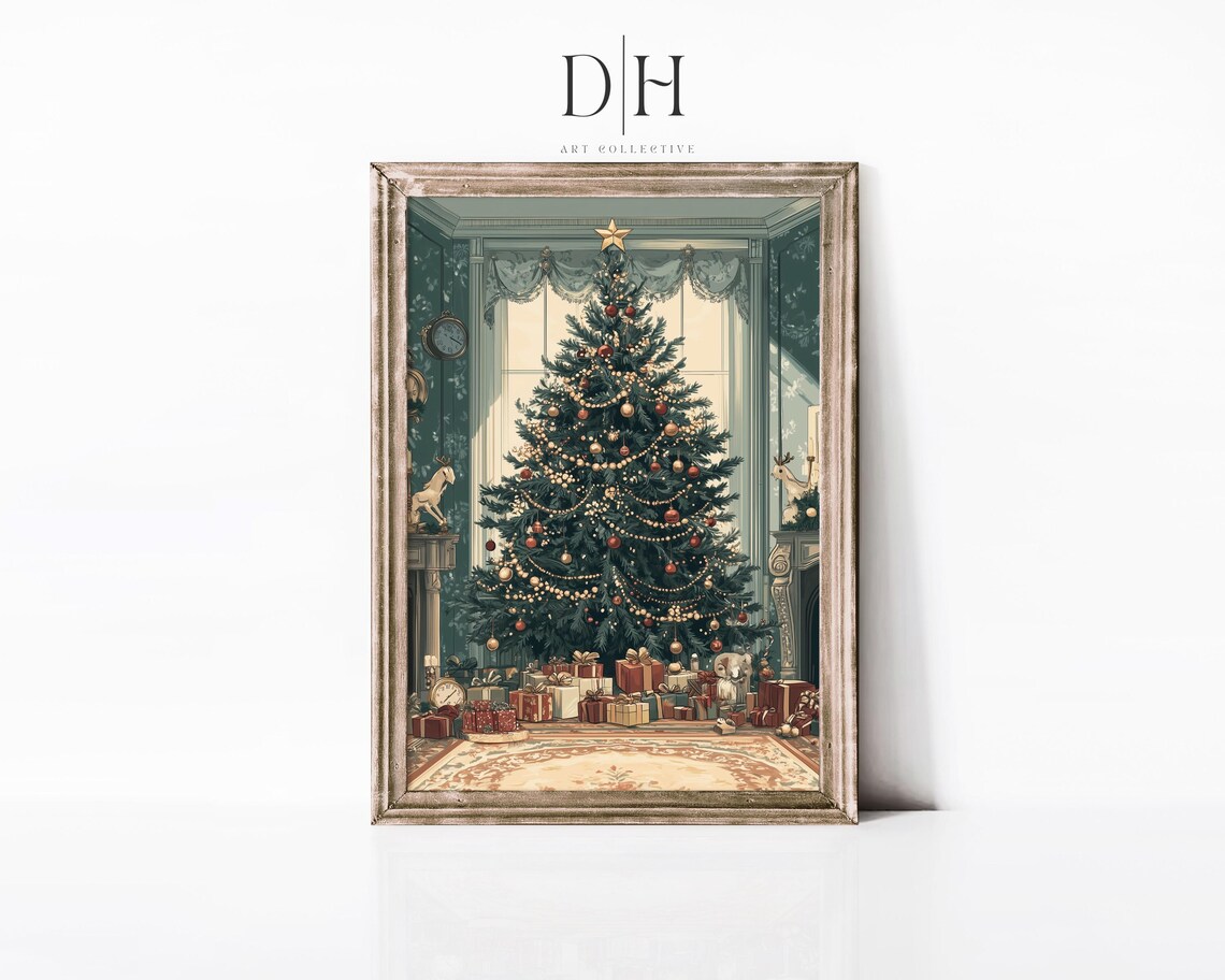 Vintage Christmas Tree Art Print Neutral Moody Xmas Wall Art Decorated Evergreen Tree Painting