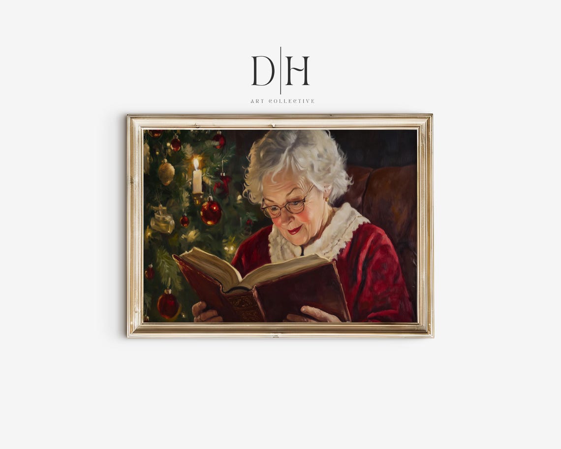 Mrs Claus Reading By Christmas Tree Cozy Holiday Oil Painting Poster