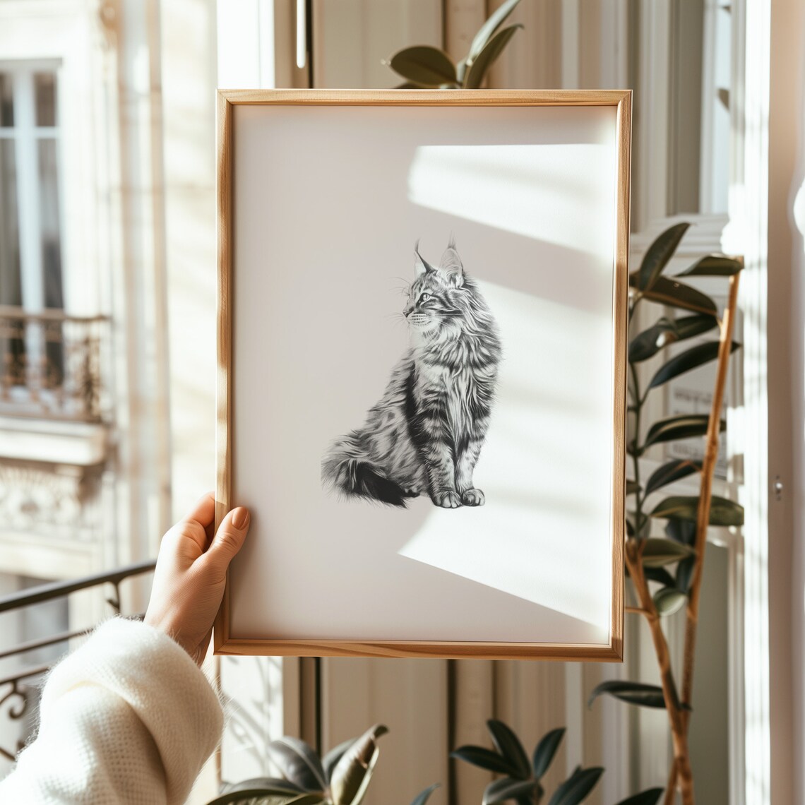 Maine Coon Cat Long Hair Pencil Sketch Pet Portrait Minimalist Art Print - Image 3