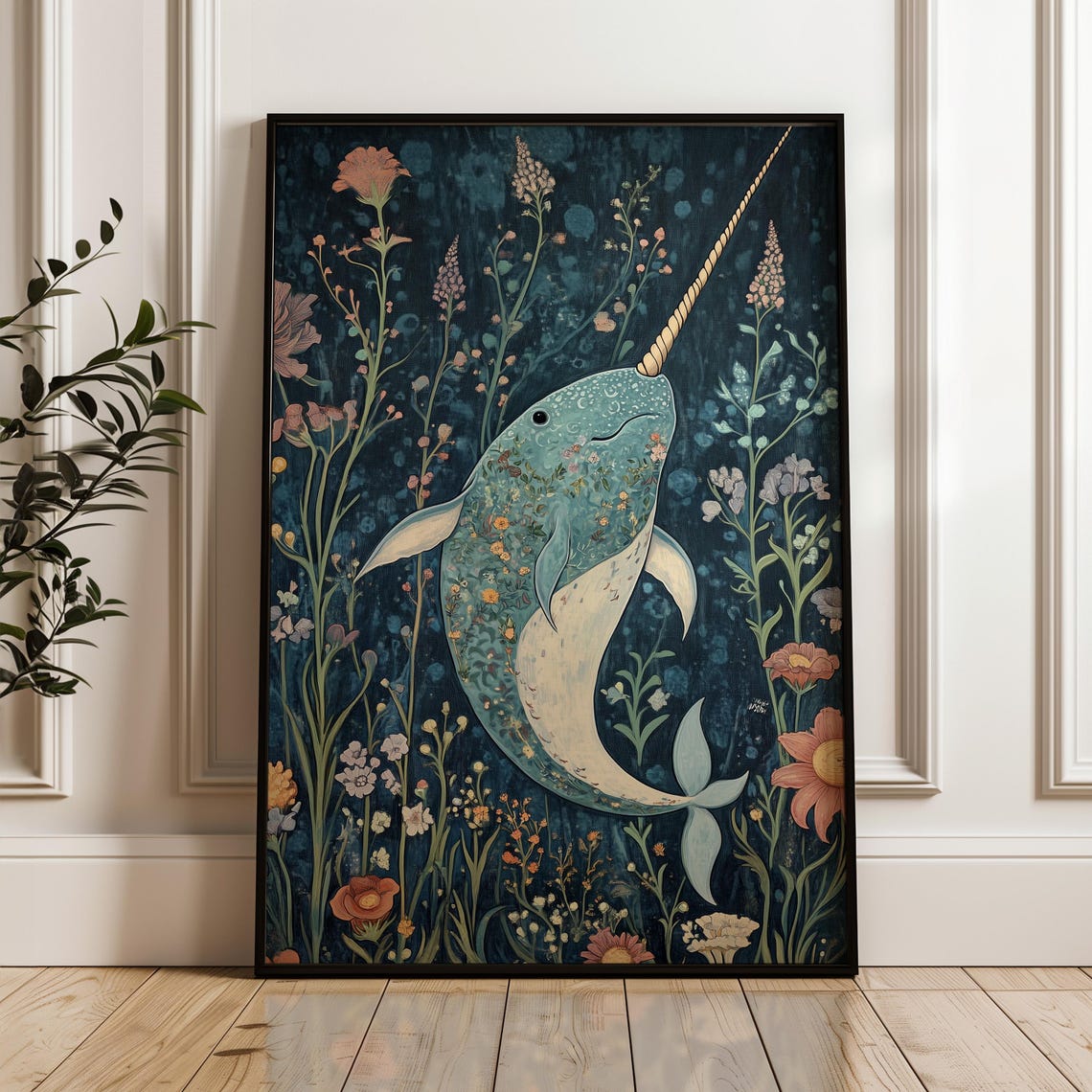 Narwhal Whale Spiral Tusk Sea Flowers Deep Teal Nautical Art Poster