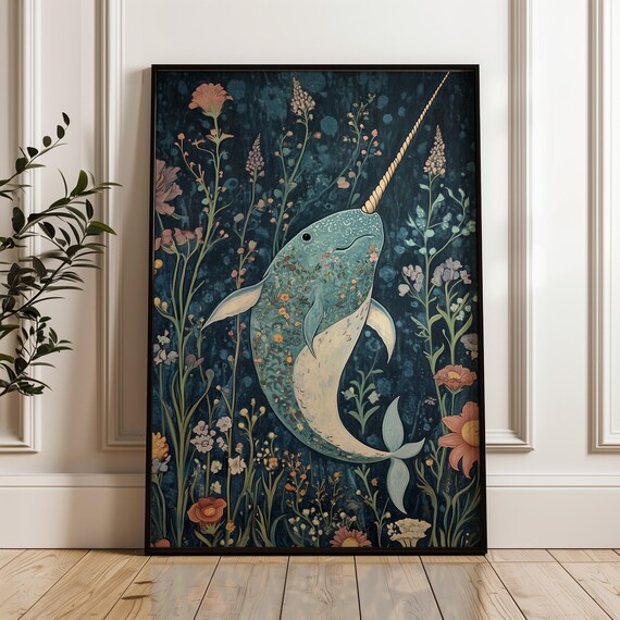 William Morris Inspired Art Print Narwhal Wall Art Whale Artwork Nature Living Room Cottagecore Bedroom Wall Art