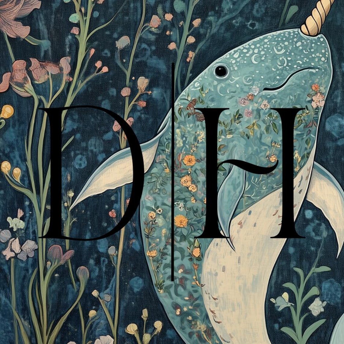 Narwhal Whale Spiral Tusk Sea Flowers Deep Teal Nautical Art Poster - Image 3