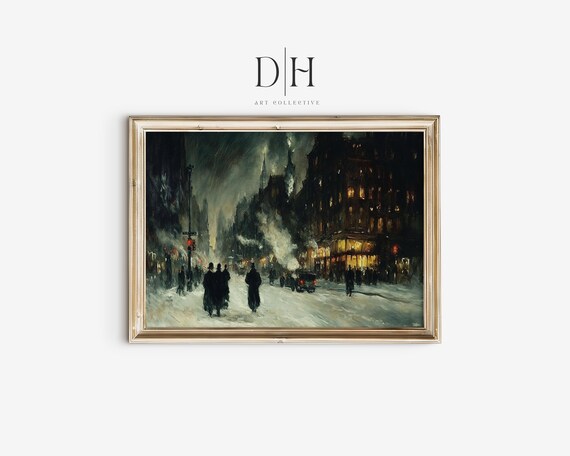Vintage New York City Winter Art Print Nyc Wall Art Antique Moody Oil Painting Of Ny Cityscape Artwork