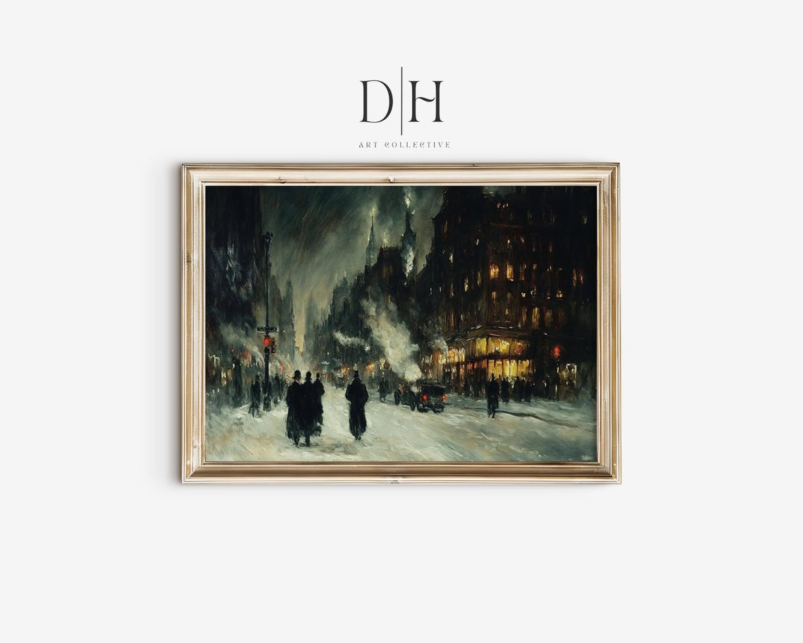 Vintage New York City Winter Art Print Nyc Wall Art Antique Moody Oil Painting Of Ny Cityscape Artwork